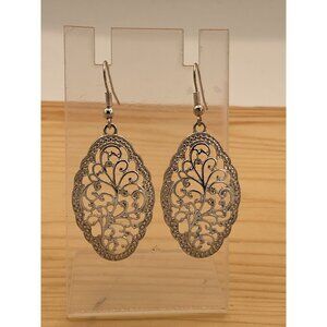 Silver-Tone Oval Filigree Dangle Earrings Lightweight & Elegant Jewelry For Wome